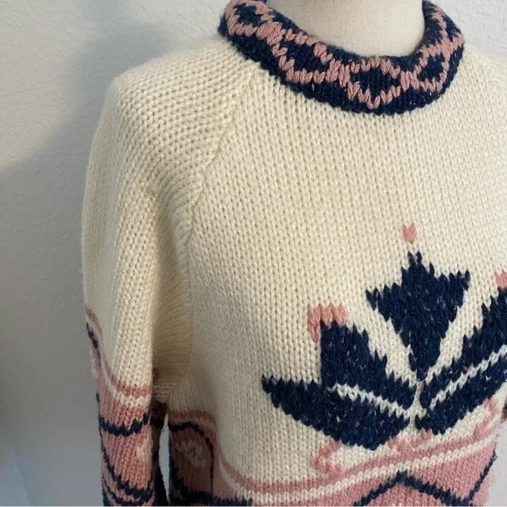 FaBE Vintage Sweater Navy Pink Cream Ski Winter Diamond Snowflake Design Size S